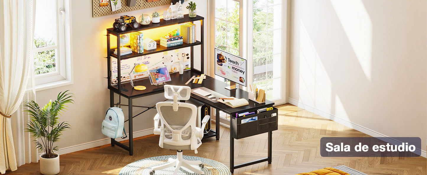 Coleshome L-Shaped Gaming Desk with Led and Sockets, 135×100cm, Black