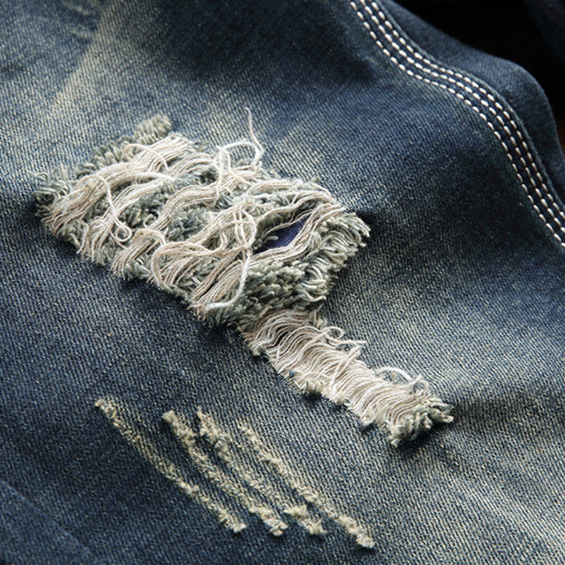 Herrjeans Patch & Hål Design Slim Straight – Mörkblå Street Style för Herr 2026
