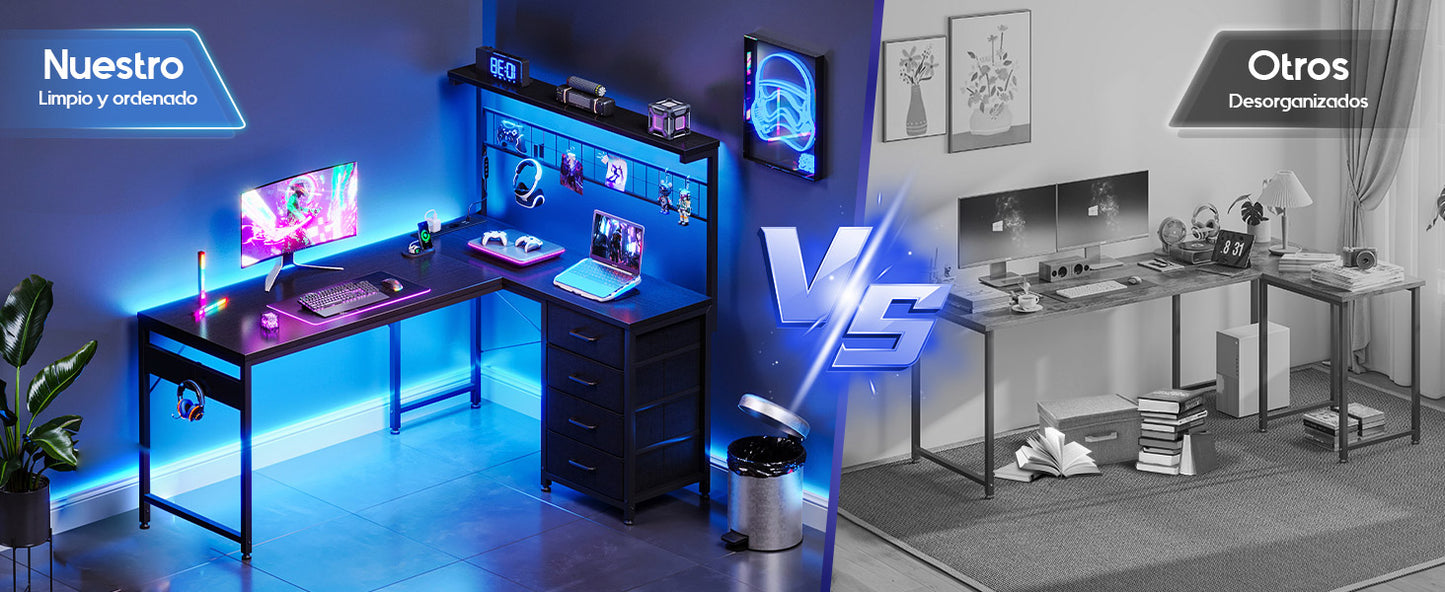 Coleshome L-Shaped Gaming Desk with 4 Drawers, 130X100Cm Gamer Desk with Led and Plugs, Corner Desk Gaming Table with Shelf for Home Office Games, Black