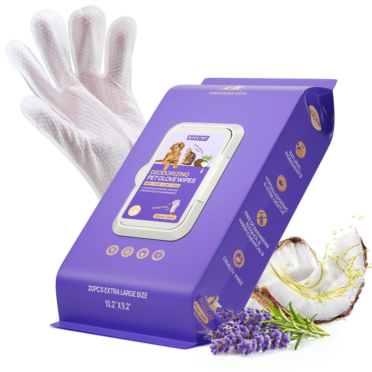 HICC PET Grooming-handske Servetter – Rengör, deodoriserar & fuktar päls, hund & katt, 4 dofter