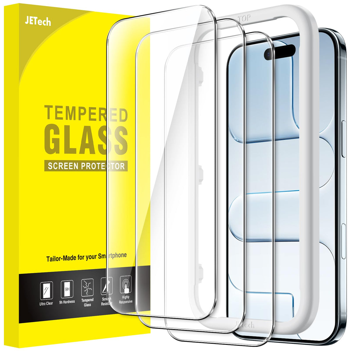 JETech Skärmskydd iPhone 15–17-serien – Härdat glas 9H, HD-klar, anti-fingeravtryck, 3-pack