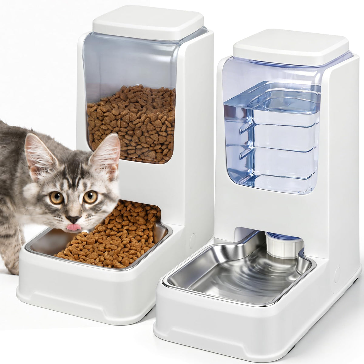 2-pack Automatisk Kattmatare & Vattendispenser med rostfri skål – Gravitationsmatare & vattenautomat med stor kapacitet för små, medelstora & stora hundar, valpar & kattungar