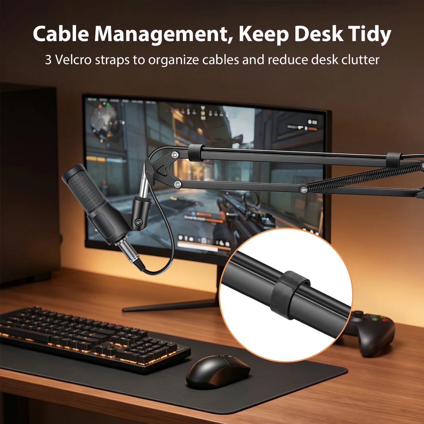Heavy Duty Microphone Boom Arm Stand with Pop Filter, 2KG Load Capacity Adjustable Mic Scissor Arm with Cable Ties & 3/8" to 5/8" Adapter for Streaming Gaming Podcast