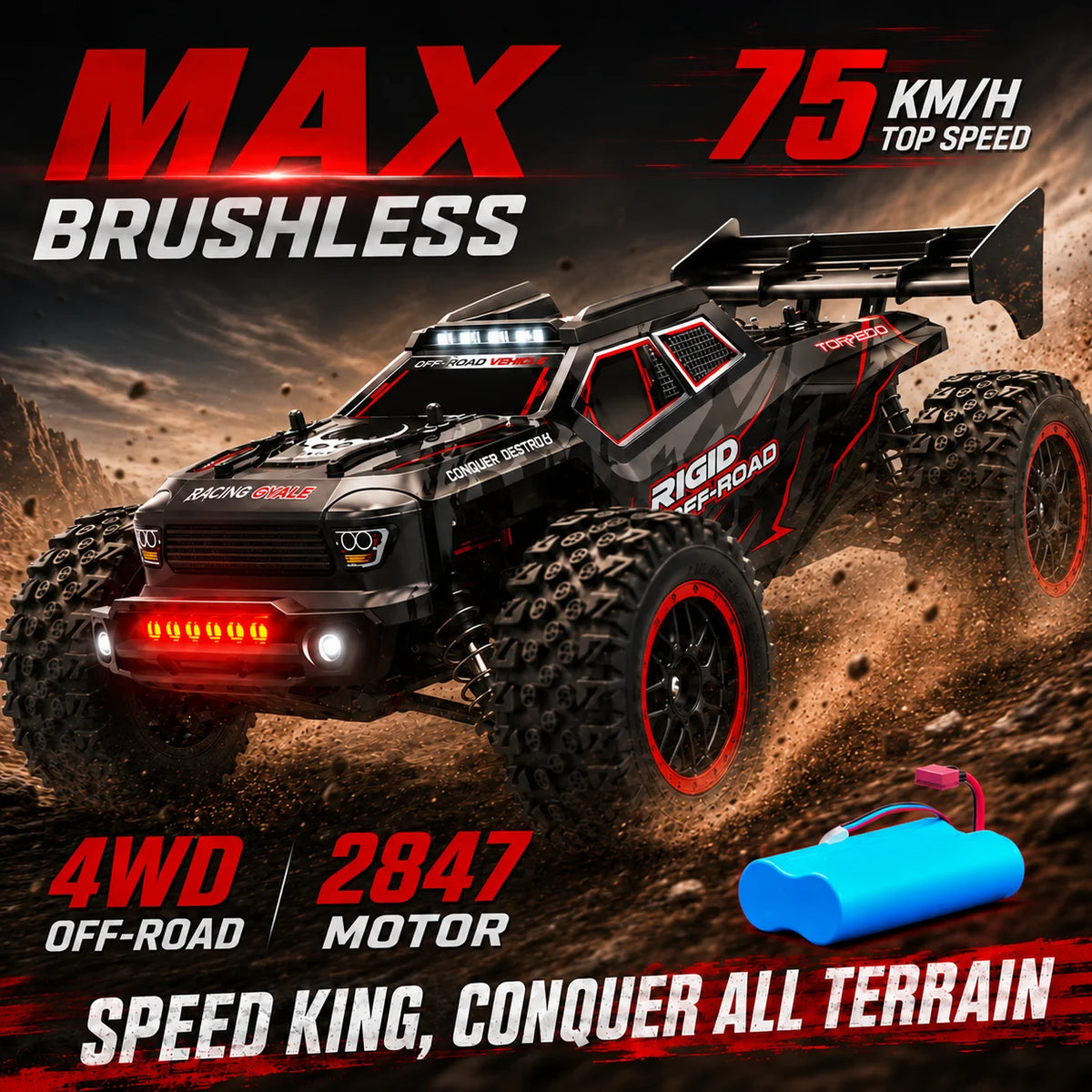 4Wd Brushless Rc Car 75Km/H Metal Differential Shaft Drive Independent Shock Absorbers Led Headlights 2.4g 300m Remote Control Off-Road Hobby Vehicle