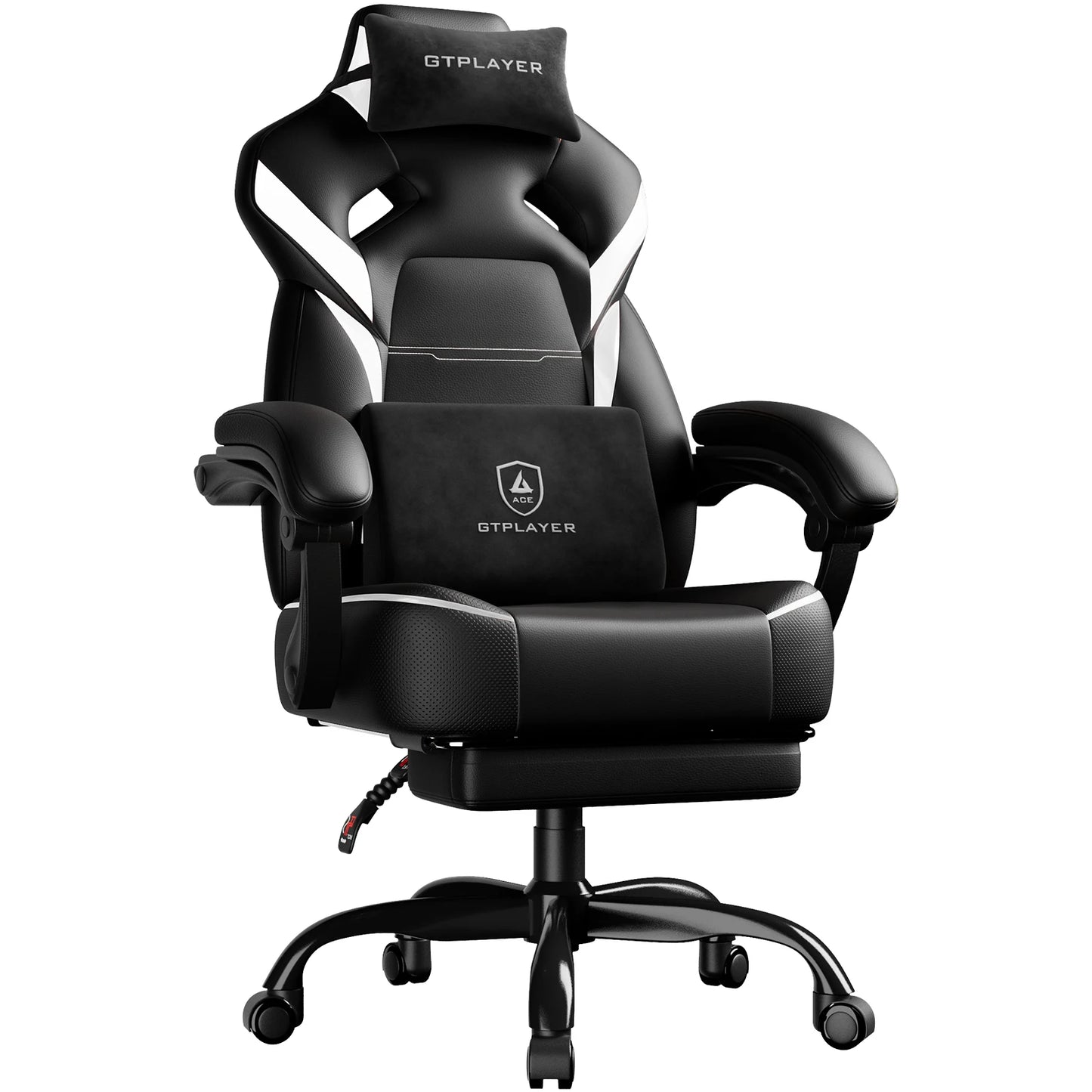 GTPLAYER Gaming Chair with Footrest, Gamer Armchair Height-Adjustable, 200 kg Load Capacity, Adjustable Armrests, Lumbar and Head Pillows, Swivel Gaming Chair