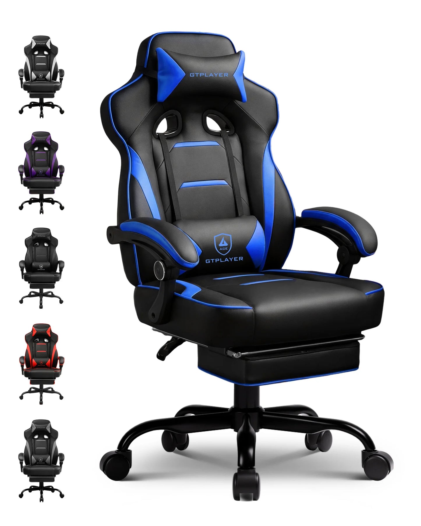GTPLAYER Gaming chair with footrest, ergonomic office chair 180kg, heavy-duty gaming armchair with lumbar support and headrest, height-adjustable computer chair, padded, reclining 155°