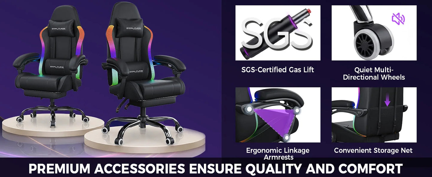 GTPLAYER Gaming Chair, Office Chair, Gaming Chair with LED Light Bar and Massage Function, Gamer Chair, Backrest with Storage Bag Ergonomic PC Chair with Remote Control
