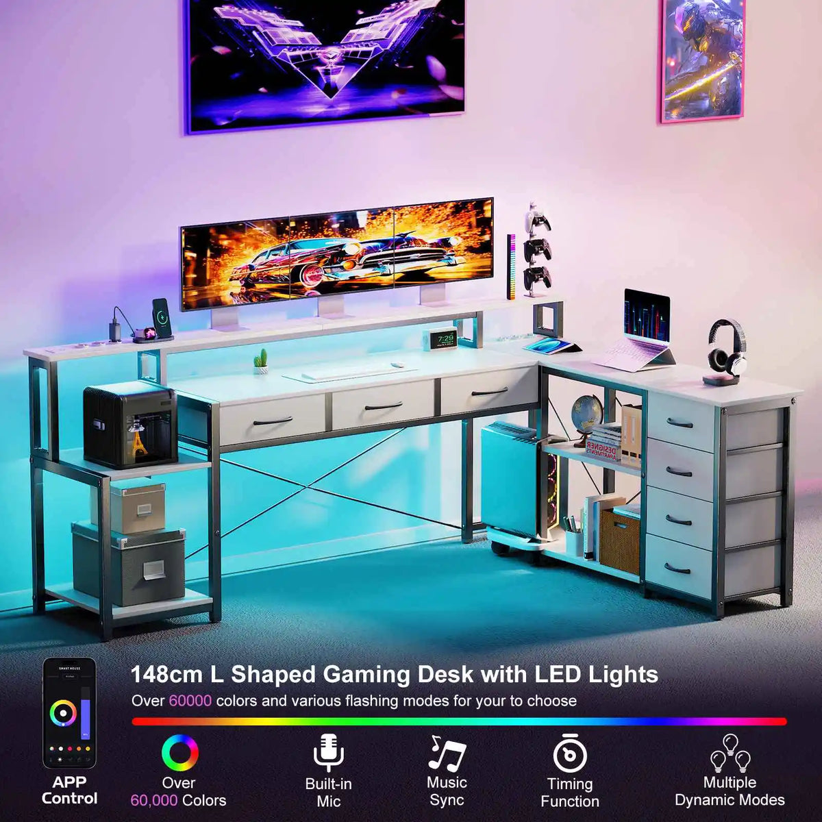 Desk, square table with drawers, sockets and USB ports, monitor stand and LED lighting included, black.
