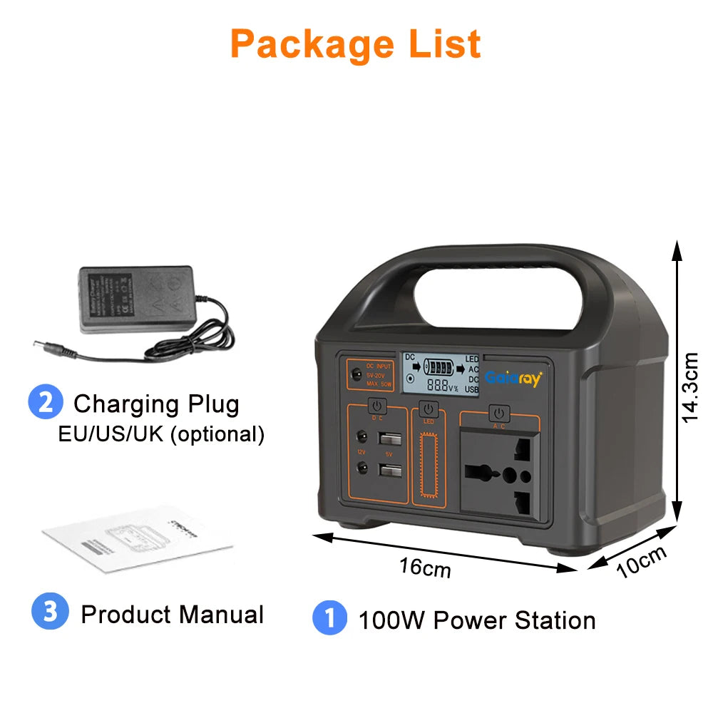 Gaiaray 100W All-in-one Power Station AC 220V Solar Generator 76.8Wh LiFePO4 Battery Emergency Portable Power Plant LED Light UPS Backup Power Bank For Outdoor Camping Travel Fishing Tool