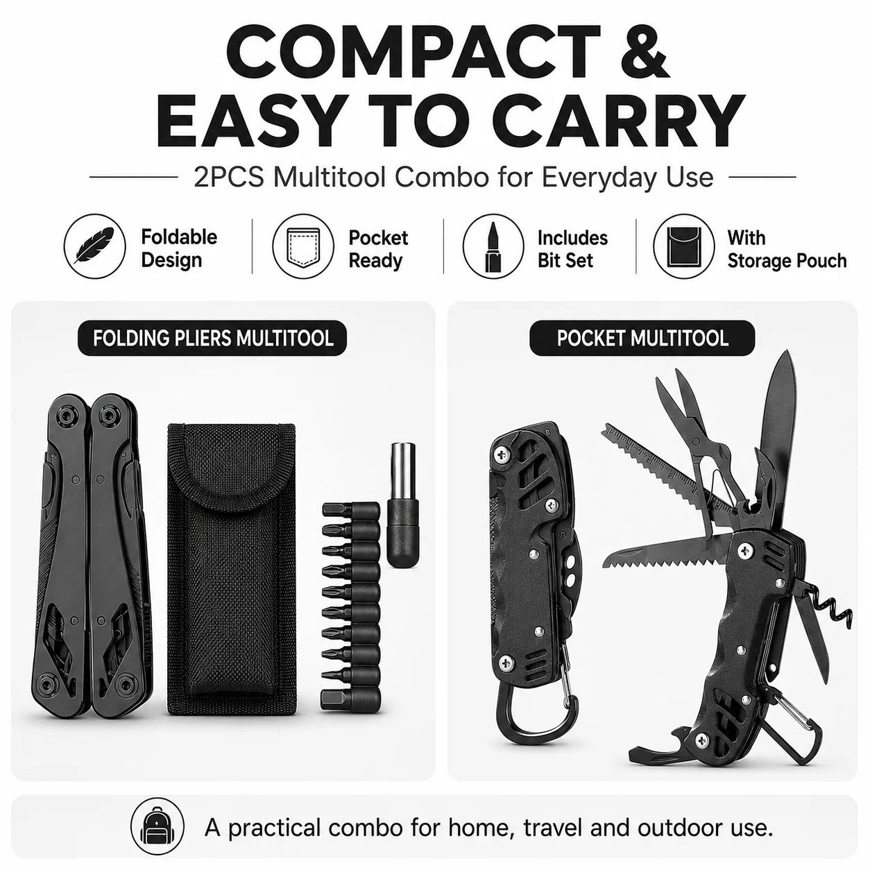 2-Piece Multi Tool Set Portable Folding folds Knife screen driver open Outdoor Camping Survival Repair Tool with Carry Bag