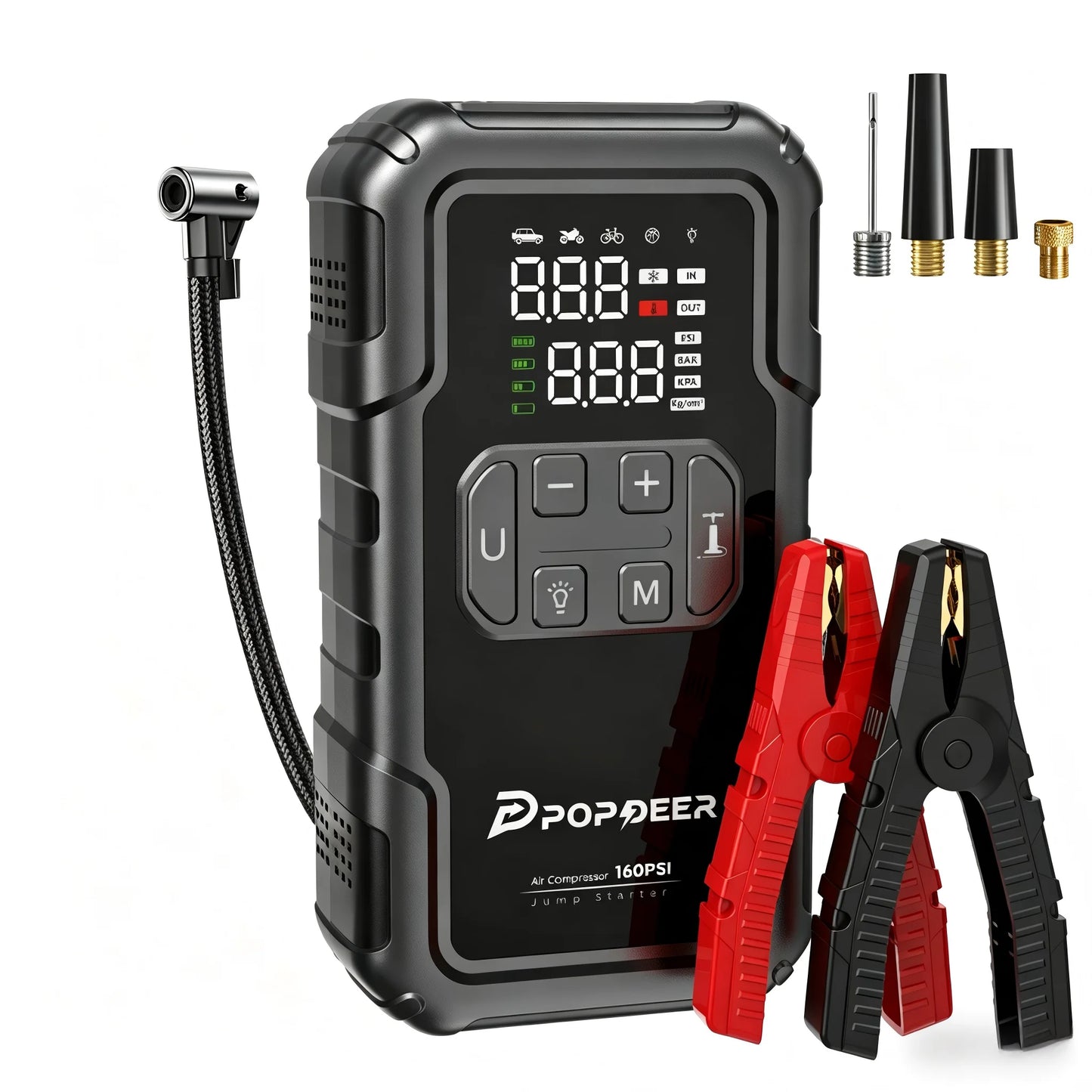POPDEER PD-JA2 4000A Jump Starter with 160PSI Air Compressor, 8.0L Gas/6.0L Diesel Booster, 600LM Light & Power Bank, Large Screen