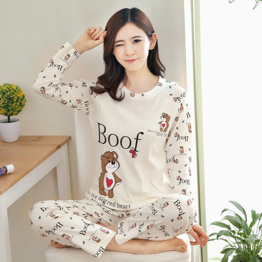Dam Pyjamas Höst & Vinter – Långärmad Bomull, Söt Tecknad Design, 9 Färger M–XXL