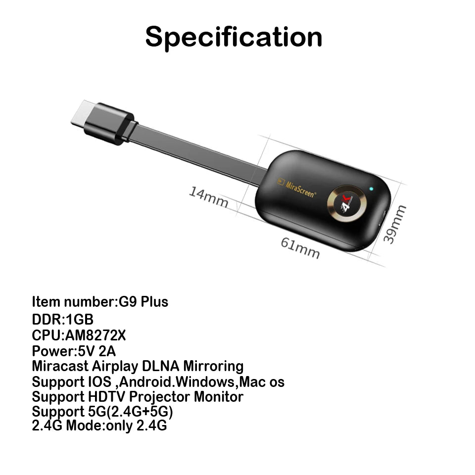 Mirascreen G9 Plus 2.4G/5G 4K Miracast Wifi for DLNA AirPlay HD TV Stick Wifi Display Dongle Receiver for IOS Android Windows