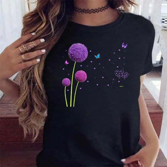 Dam Grafisk T-shirt 2026 – Maskrostryck Kortärmad O-ringning Casual S–XXL 6 Färger