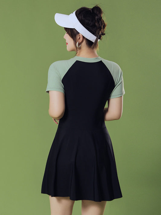 Dam Helbaddräkt Kortärm Kjol – Konservativ Magdöljande Slimmande Polyester Grön S–XXXL Badkläder Dam 8167 2026