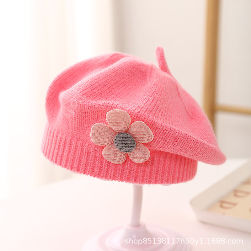 Babyberet med Blomdekor – Lammull Stickad Prinsessstil 17 Färger Unisex 3–48 Mån Höst Vinter 2026