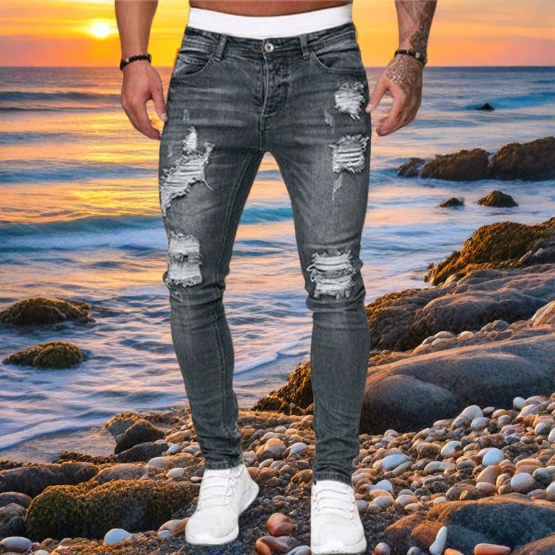 Streetwear Jeans med Hål Herr – Slim Fit Tvättad Denim Skinny 6 Färger S–3XL 2026