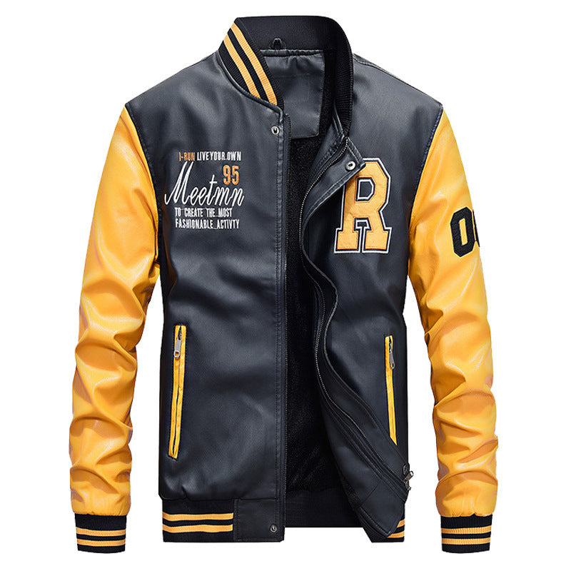 Herrjacka PU-Läder Fleece Baseball Bomber Lös Passform Motorcykel för Herr 2026