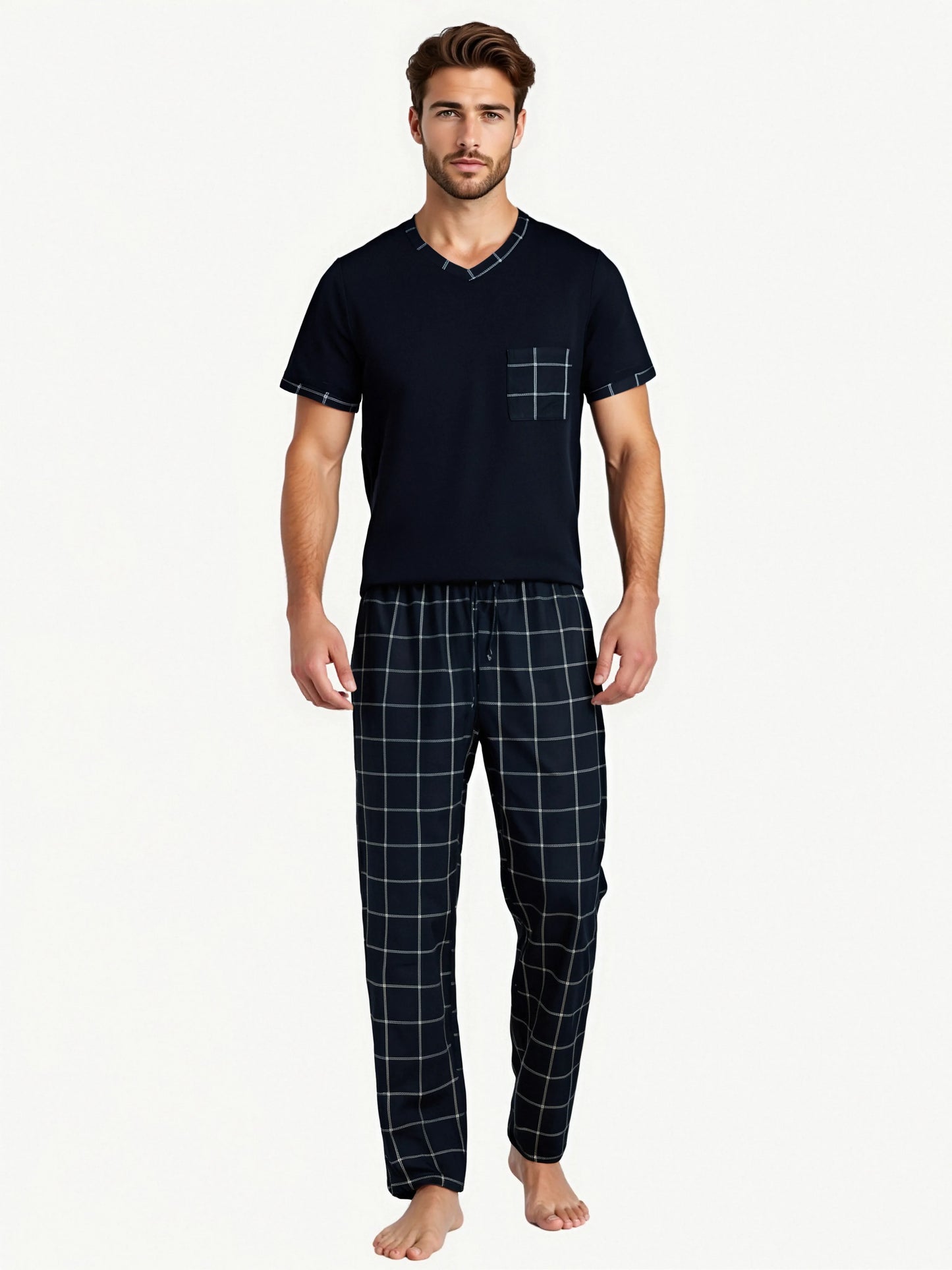 Herr Pyjamas Set Rutig – Kortärmad V-ringning & Byxor med Fickor Drawstring, 5 Färger M–1XL