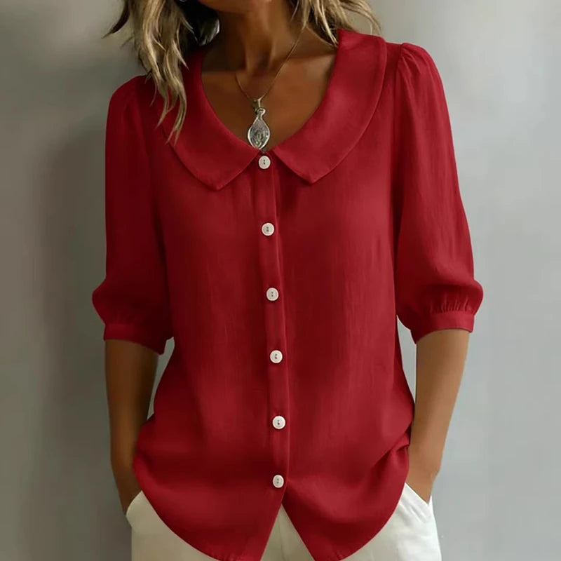 Lös Bomull-Linne Skjorta Dam – Kortärmad, Knappar, Casual Blus, 7 Färger, S–XXXL