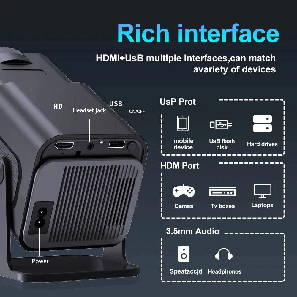 HY320 Mini Video Projector Native 720P Android 11 Projectors 300ANSI Wifi6 Cinema Outdoor Portable 180° Rotable BT5.0 4K Movie