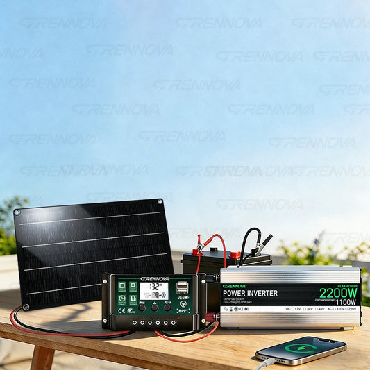 Grennova Plug-and-Play Solcellskit 1100W – 2200W Peak + 50W Panel + 60A MPPT, 110V/220V Belysning TV Fläkt Camping