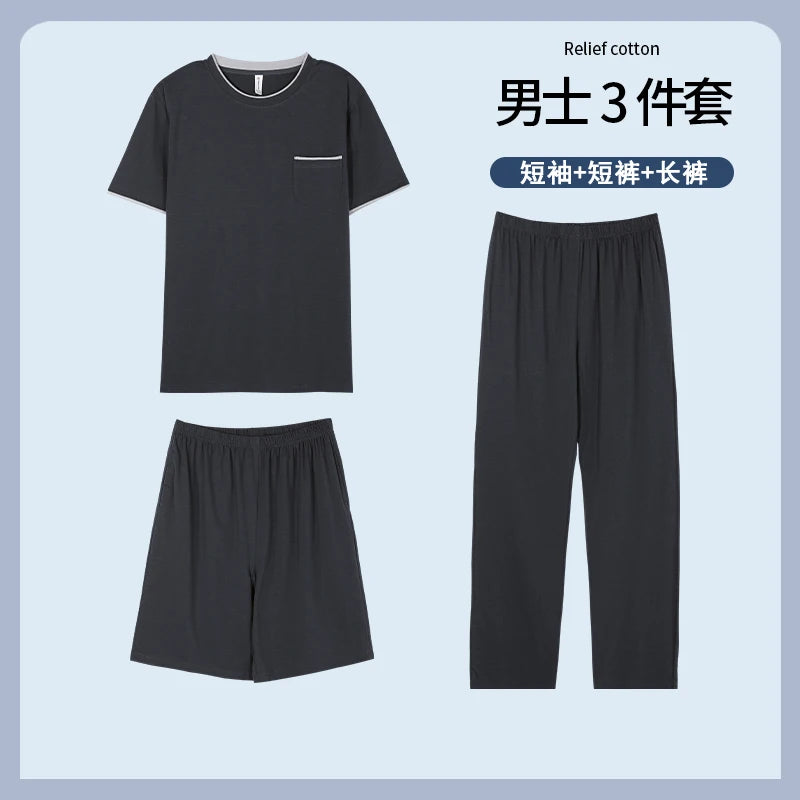 Plus Size L-5XL Modal Men's Pijamas Set Summer Soft Nightwear 3 Pieces Set Pajamas Short Sleep Tops & Shorts & Long Pant Hombre