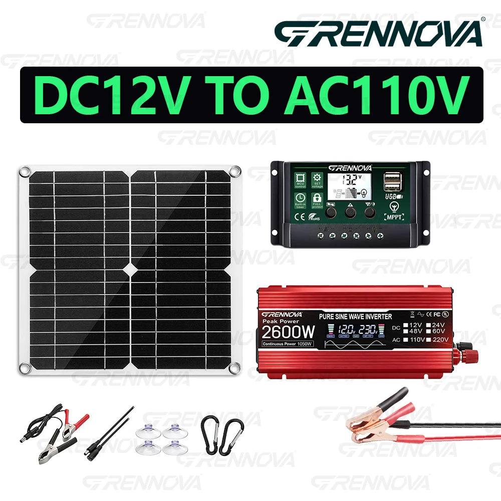 Grennova Solcellskit 1300W – Ren Sinusvåg 2600W Peak + 30W Panel + 60A MPPT, 110V/220V Off-Grid Kyl TV Husbil