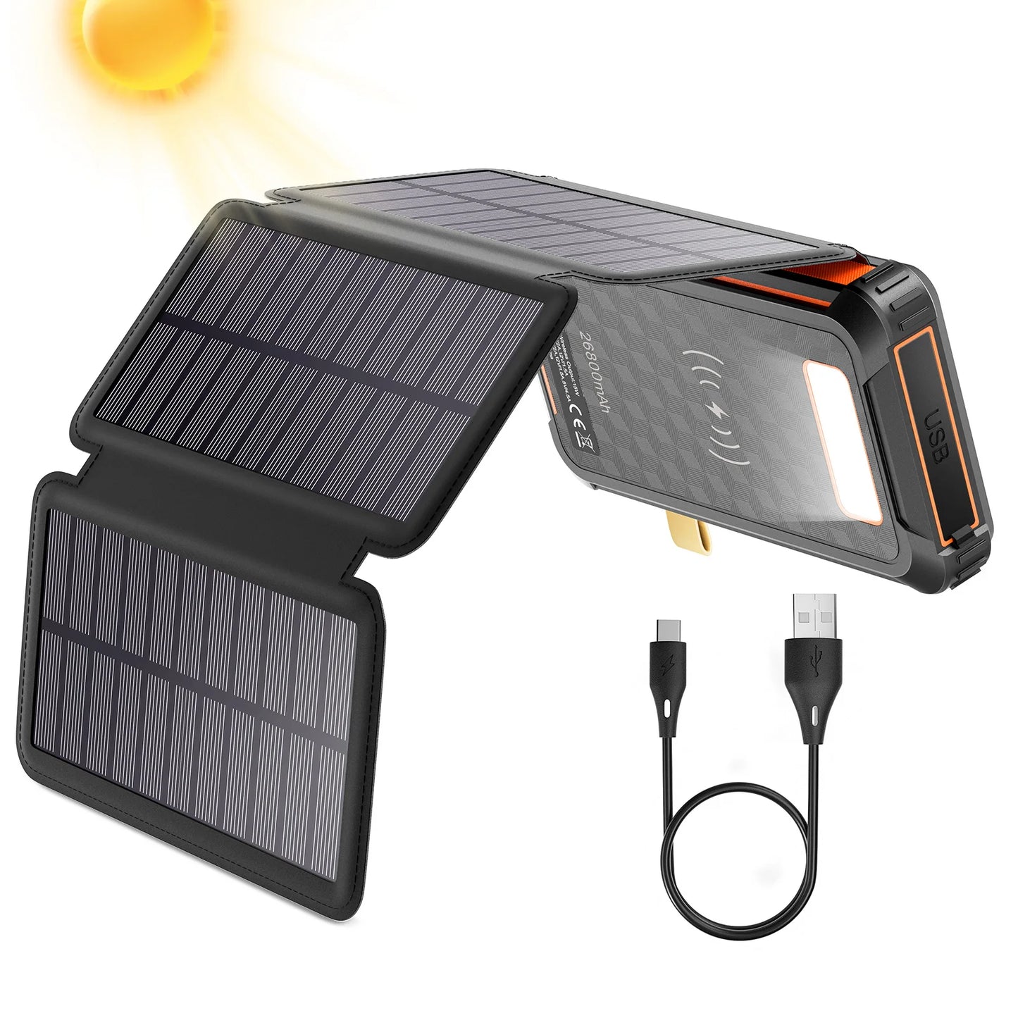 26,800 MAh Fast Solar Charger QC PD 22.5 W Solar Power Bank, 3 Outputs 4 Foldable Panels Charges External Battery, Camping Light