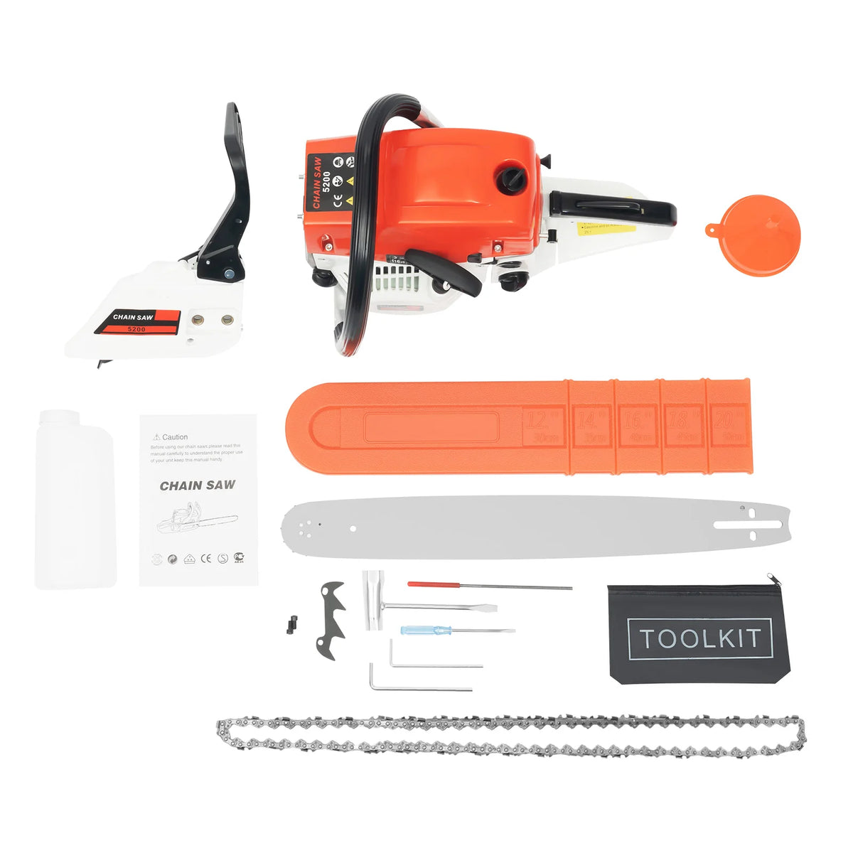 52cc 2.0kW 2-Stroke Gasoline Chainsaw, 20in/51cm Guide Bar for Wood Cutting Petrol Chain Saw, with Tool Bag Mixing Bottle & Bar Cover Model 5200 Gas Saw