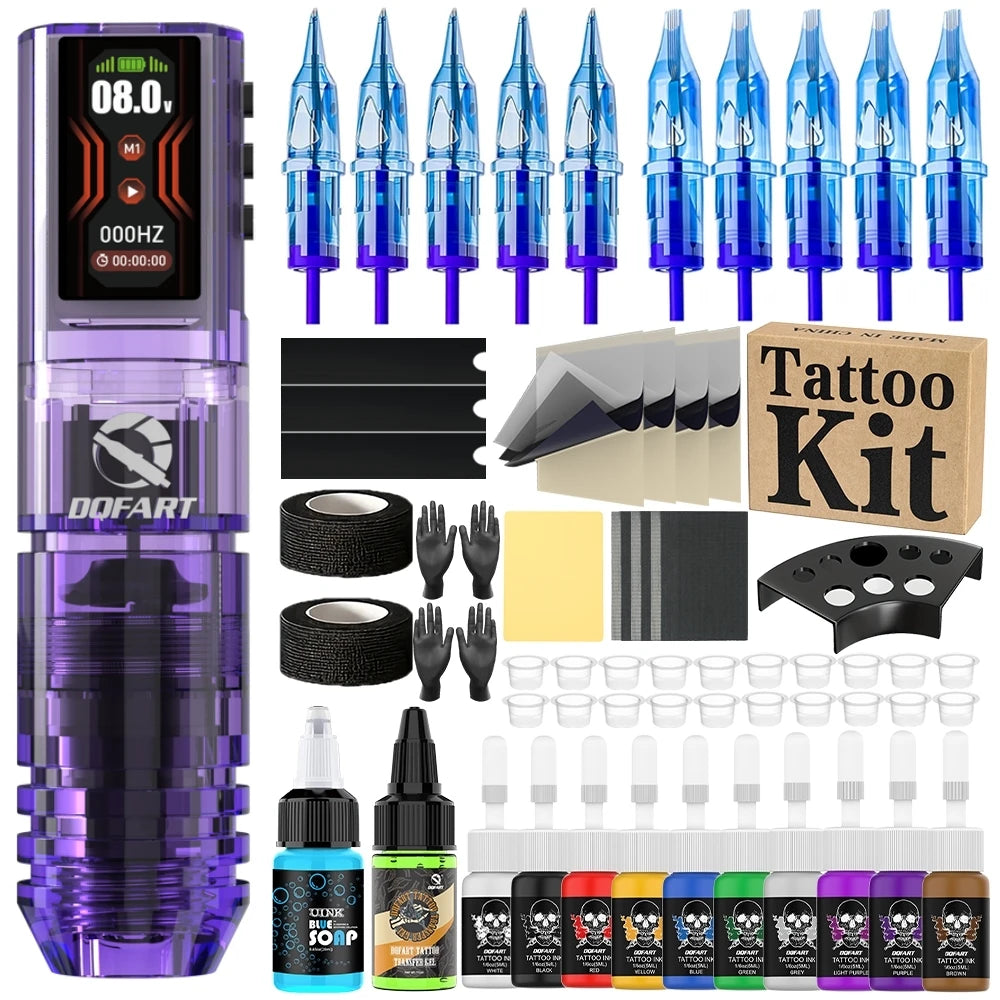DQFART 1600mAh P2 LED Digital Display Electric Wireless Tattoo Machine Set 12V 6Colors Accessories Body Art Creative Designs