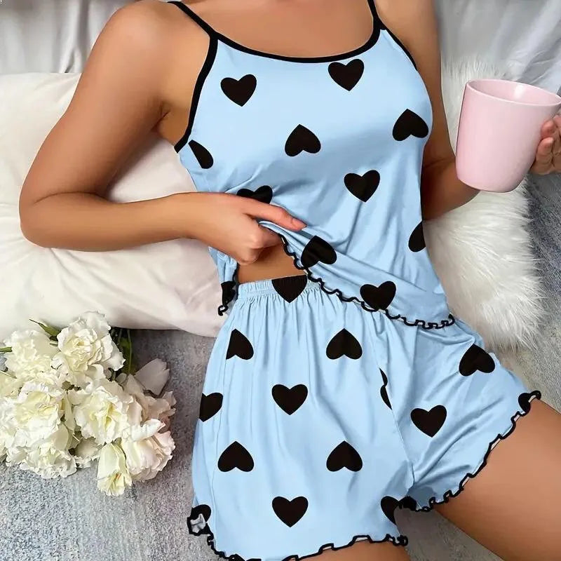 Pyjamasset dam med hjärttryck – överdel och shorts, M–XL