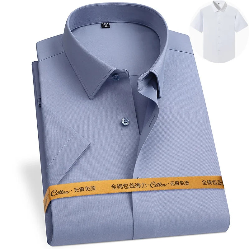 8XL Anti-Wrinkle 80% Cotton 15% Elastic Silk 5% Spandex No-Iron Business Office Soft Cozy Micro Elastic Long-sleeved Shirts Men