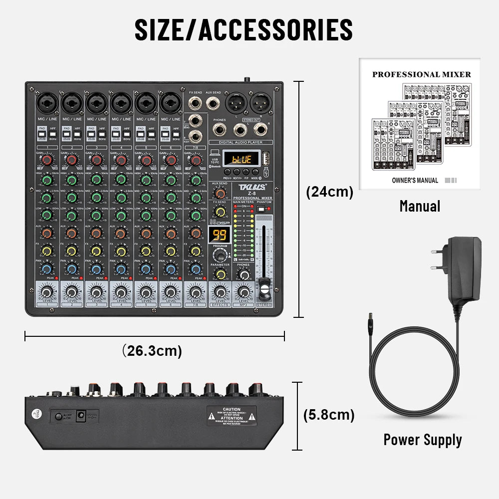 TKLBLS Z8 8 Channel Professional Mixer Bluetooth 48V 12V Battery Powered USB Studio Recording Live Show