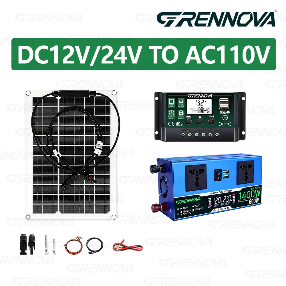 Off-Grid Solar Kit 50W Panel 60A Controller Dual Voltage Inverter (Peak 1400W Rated 700W) 12/24V To 110V 220V Small Appliances