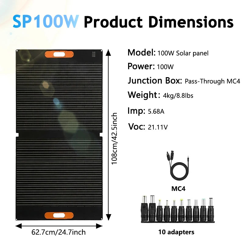 CHUBAN Hopfällbar Solpanel 100W – IP68, 24% Verkningsgrad, Flexibel, MC4/5-i-1, Camping & RV
