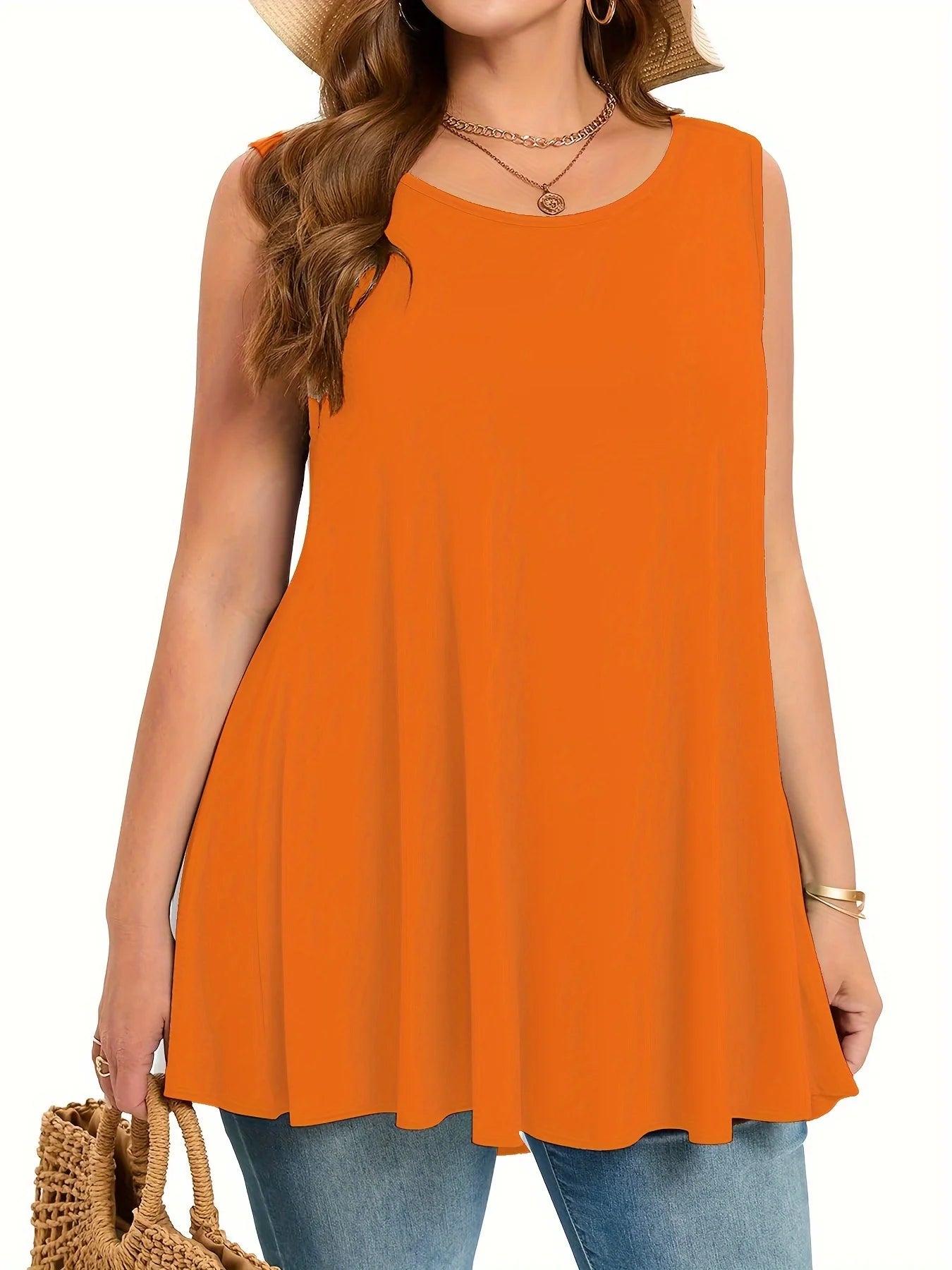 Plus Size Simple Solid Tank Top Casual Crew Neck Sleeveless Tank Top For Summer Women's Plus Size Clothing
