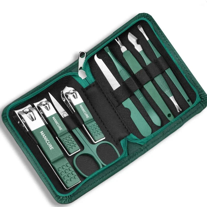 GreenStainlessSteel Nail Clippers Set-6-18 Nail Care Sets with Leather Storage Box-Professional Foot and Face Care Tool Set