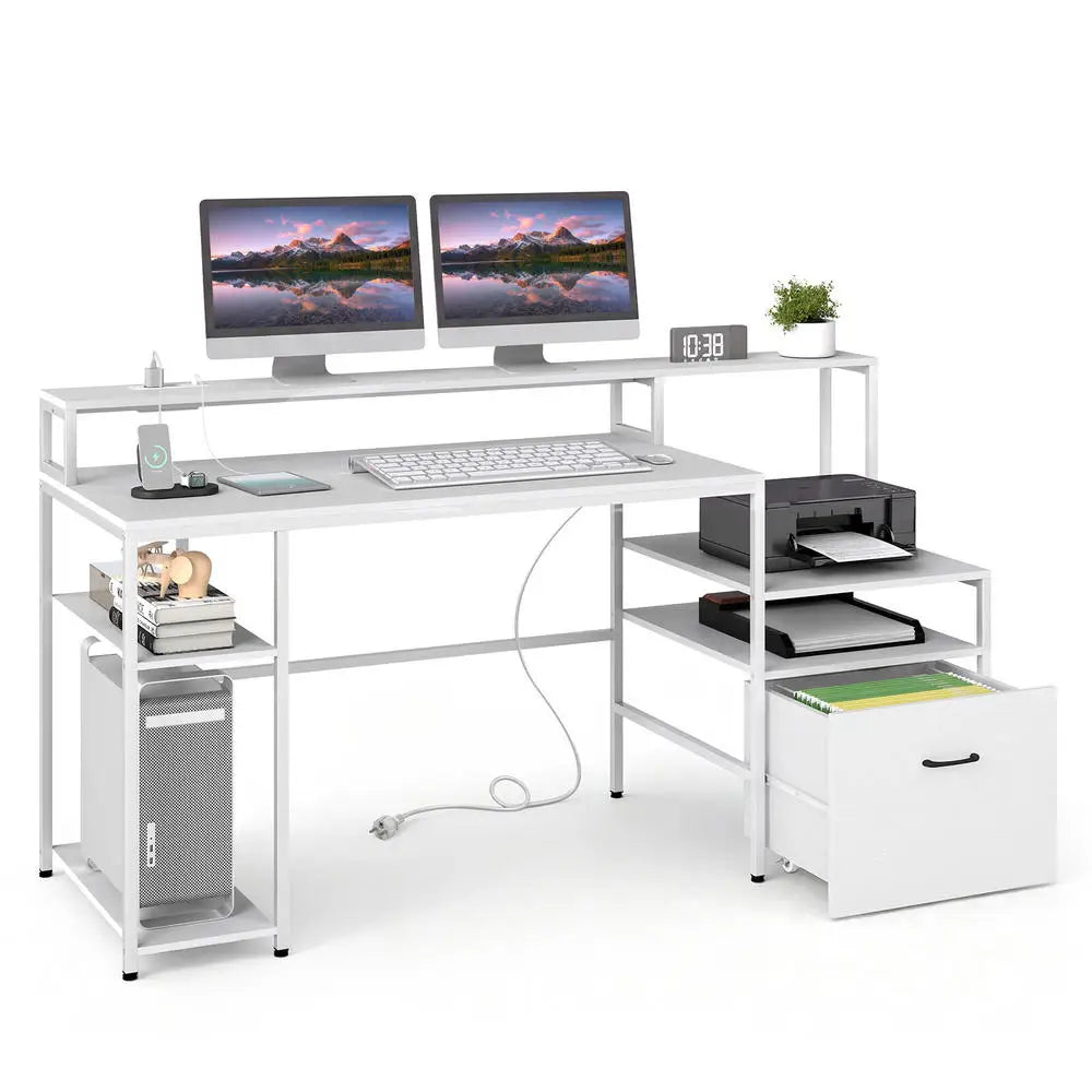 Computer Desk With Charging Station & Raised Monitor Stand, Multi-tiered Desk, 166 X 60 X 88 Cm, White