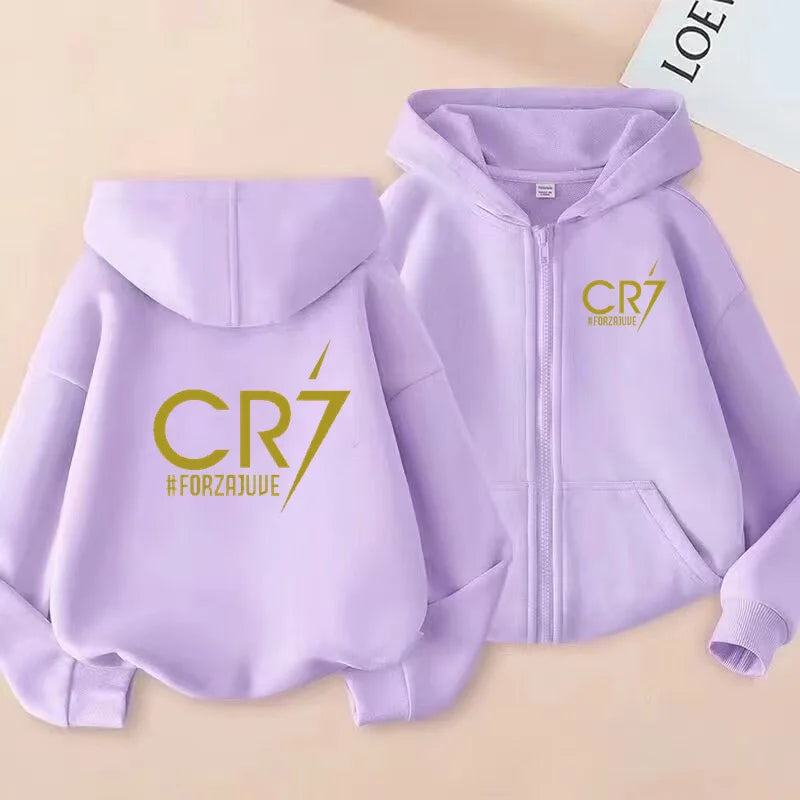 Children Football Hoodie Letter CR7 Zipper Style Coat Sweatshirt Boys Girls 3-12Yrs Long sleeves Loose Top Casual Sports Clothes