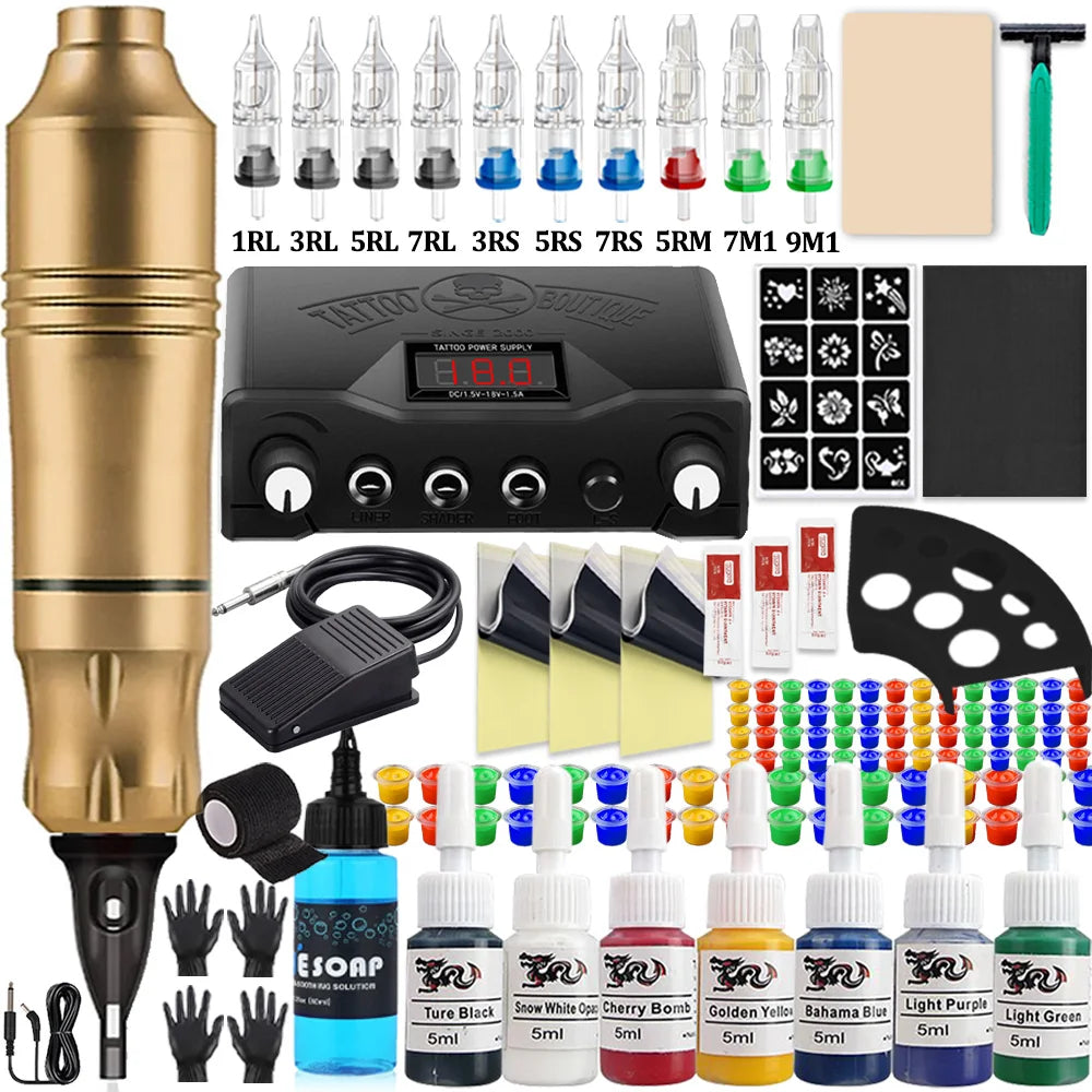 Complete Cartridge Tattoo Pen Machine Kit DC Rotary Machine Pen with Cartridge Needles Power Supply Inks for Tattoo Beginner Set