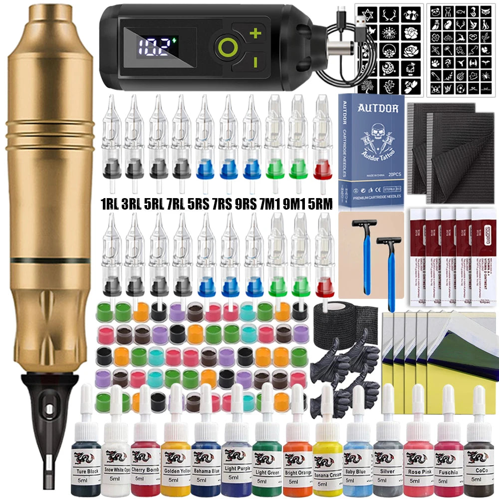 Tattoo Pen Machine Kit Tattoo Machine Set with Wireless Power Supply Tattoo Cartridge Needles Practice Skin Inks Accessories