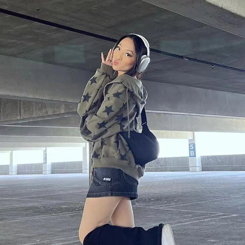 Sweatshirt Zip Up Hoodie Y2k Streetwear Loose Vintage Aesthetics Top Harajuku Jacket Casual Gothic Oversized Stars Print Clothes