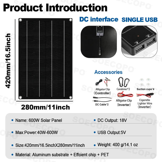SOECOPO Solsystem-kit – 12V till 110V/220V, 1100W Inverter (10000W topp), 100A Regulator, 2×Solpanel, Hem/Husbil/Camping/Off-Grid
