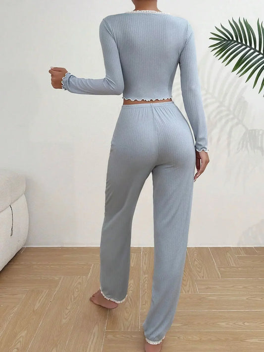Dam Pyjamas 2-delat Set Höst & Vinter – Spets, Långärmad Loungewear, 4 Färger