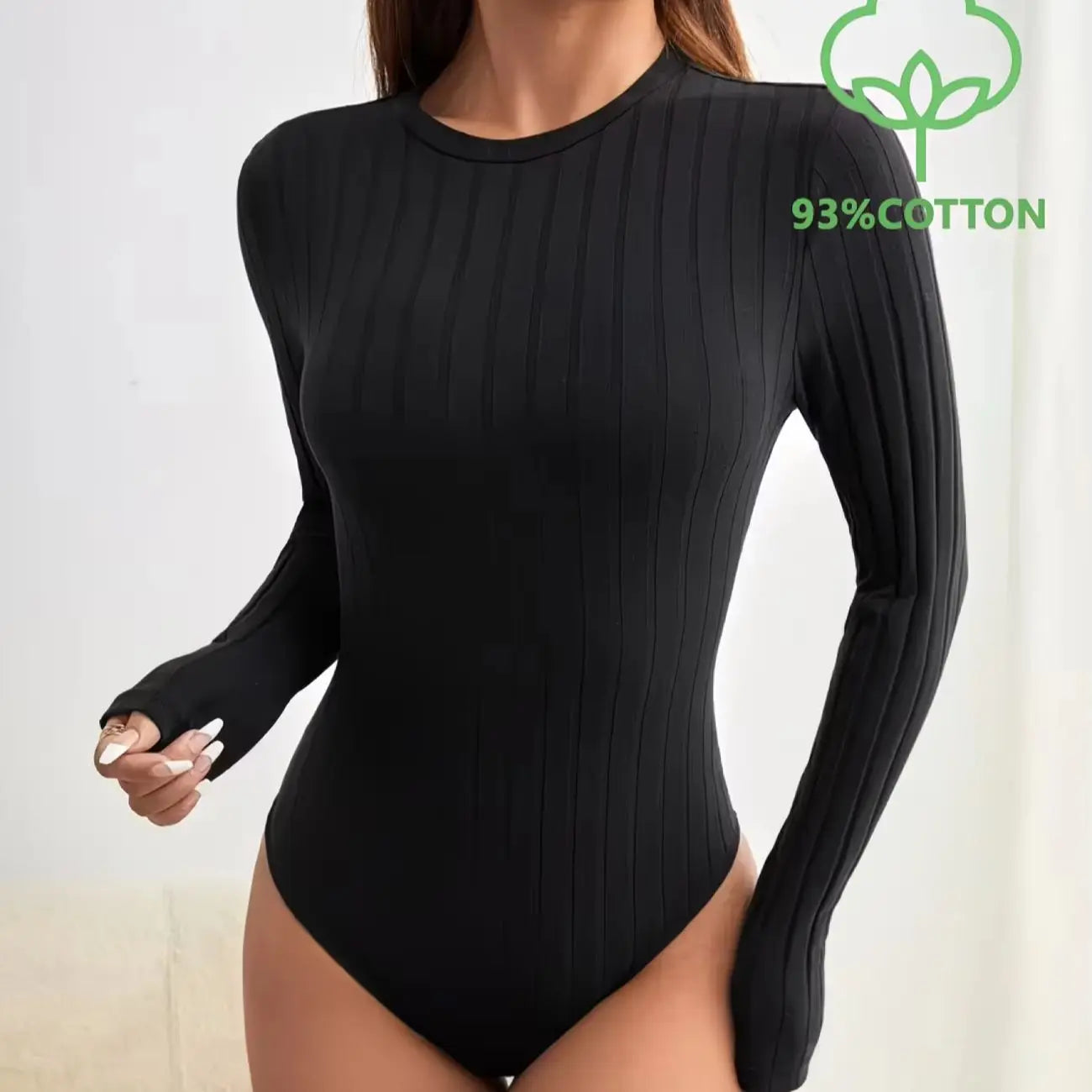 Solid Color Casual Long-sleeve Ribbed Bodysuit, Comfortable High-stretch Large Ribbed Top