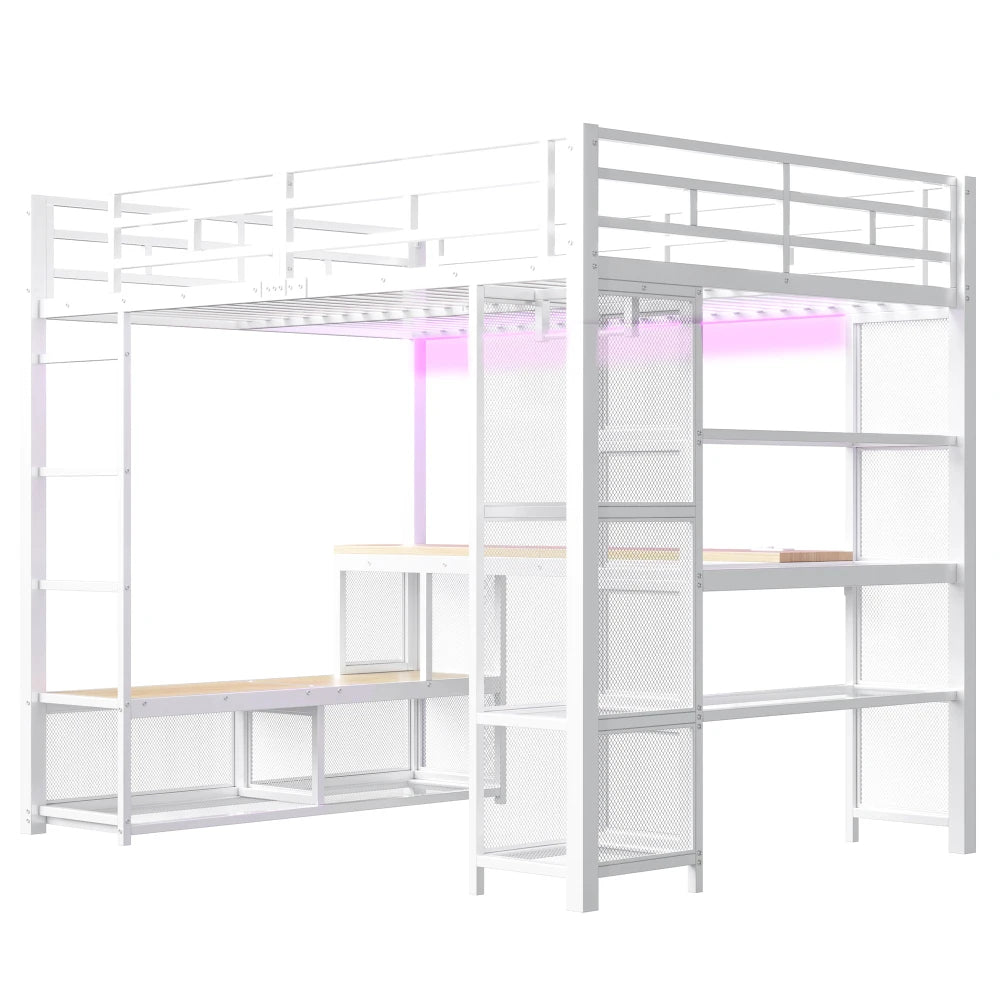 140x200cm Metal High Bed with Storage and Open Wardrobe, Kids Bedroom Bed with USB Connector and LED Lighting, Black/white