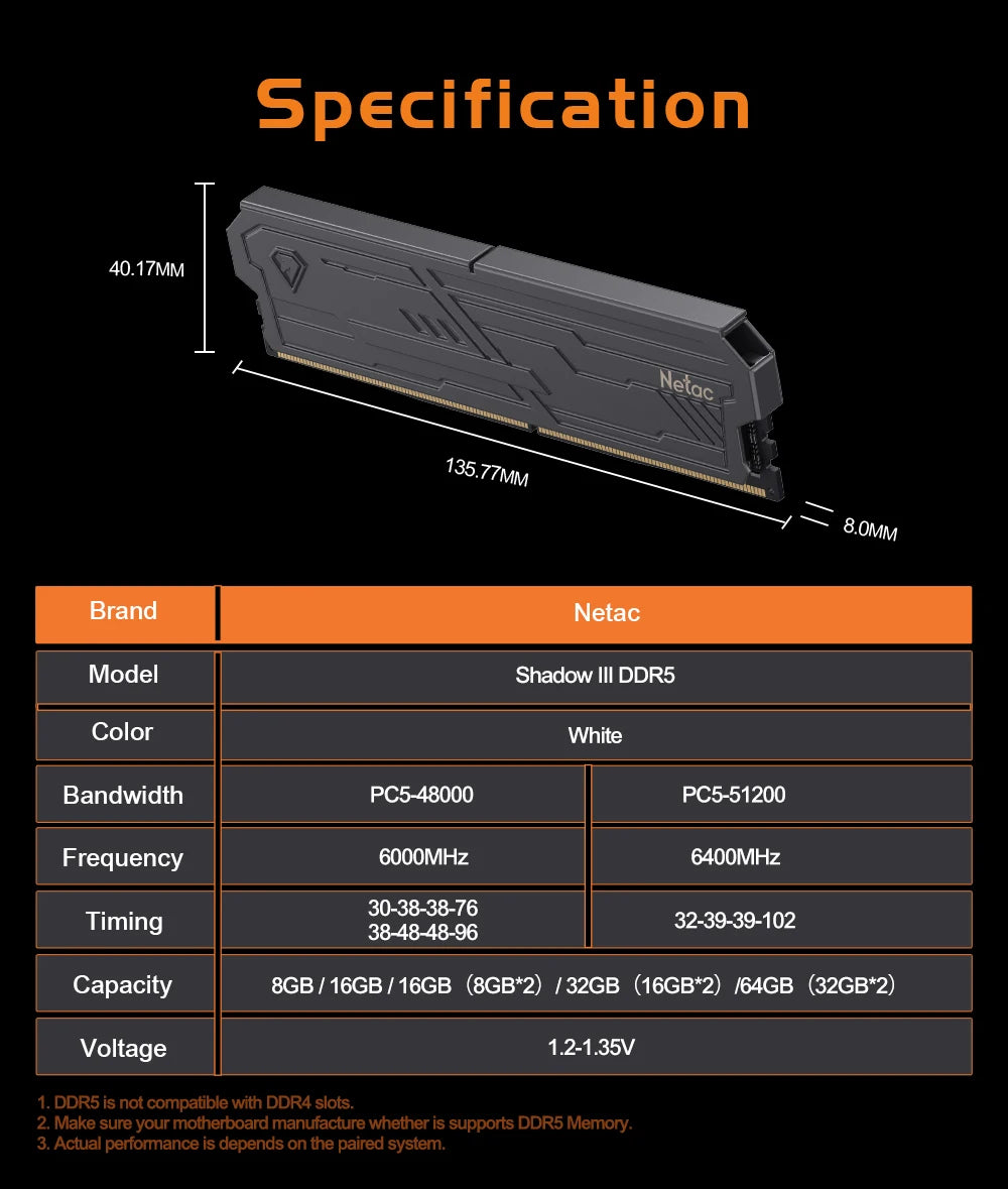 Netac Memory RAM 8G 16G 8Gx2 16Gx2 DDR4 288Pin UDIMM 3200MHz 3600MHz Support XMP2.0 DDR5 4800MHz Dual Channel RAM for Desktop PC