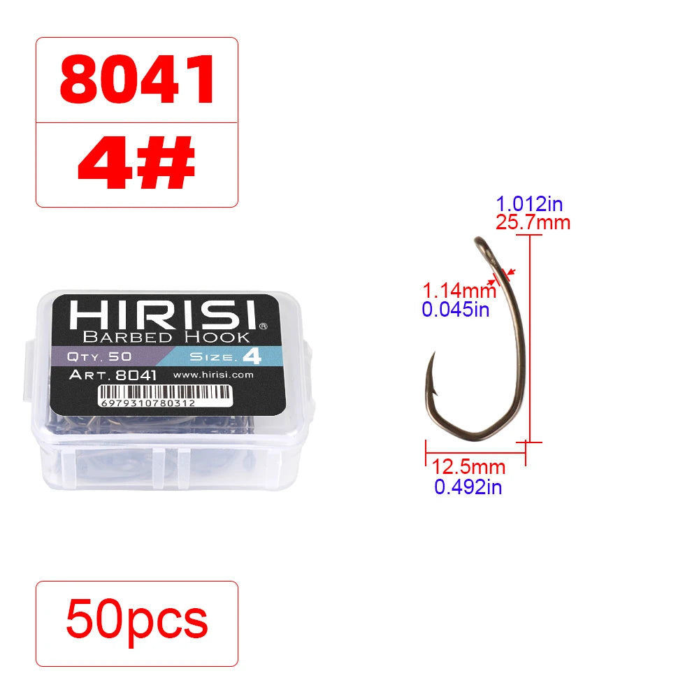 Hirisi 8041 50Pcs PTFE Coated Fish Hook High Carbon Stainless Steel Anti-Rust Sharp Point Barbed With Eye for Fishing Accessory