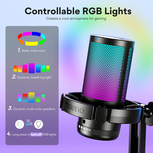 MAONO DGM20 USB Spelmikrofon för PC med RGB-ljus, brusreducering och tystningsknapp